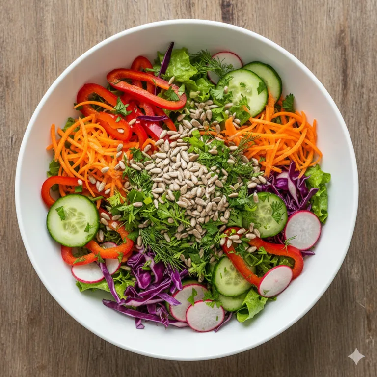 Salade croquante de légumes colorés vue du dessus avec carottes concombre poivrons et chou blanc