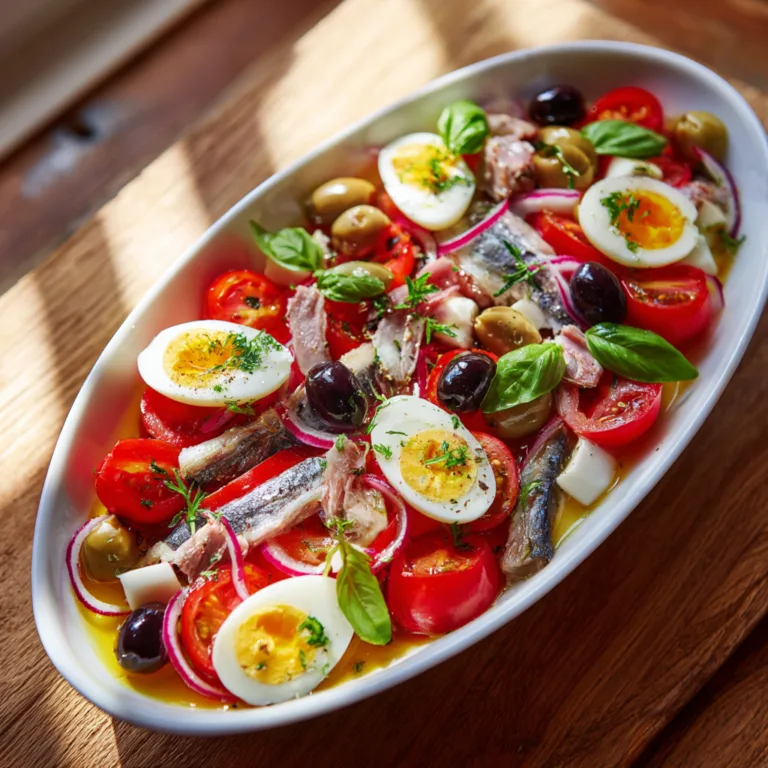 Salade Niçoise authentique vue de dessus avec tomates œufs thon anchois olives noires