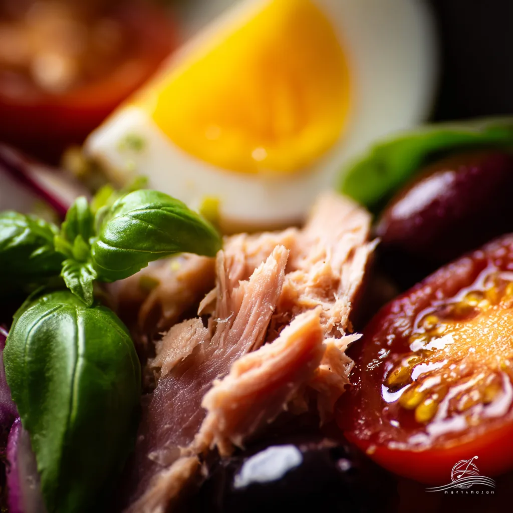 Gros plan Salade Niçoise texture thon anchois œuf dur tomate olive noire