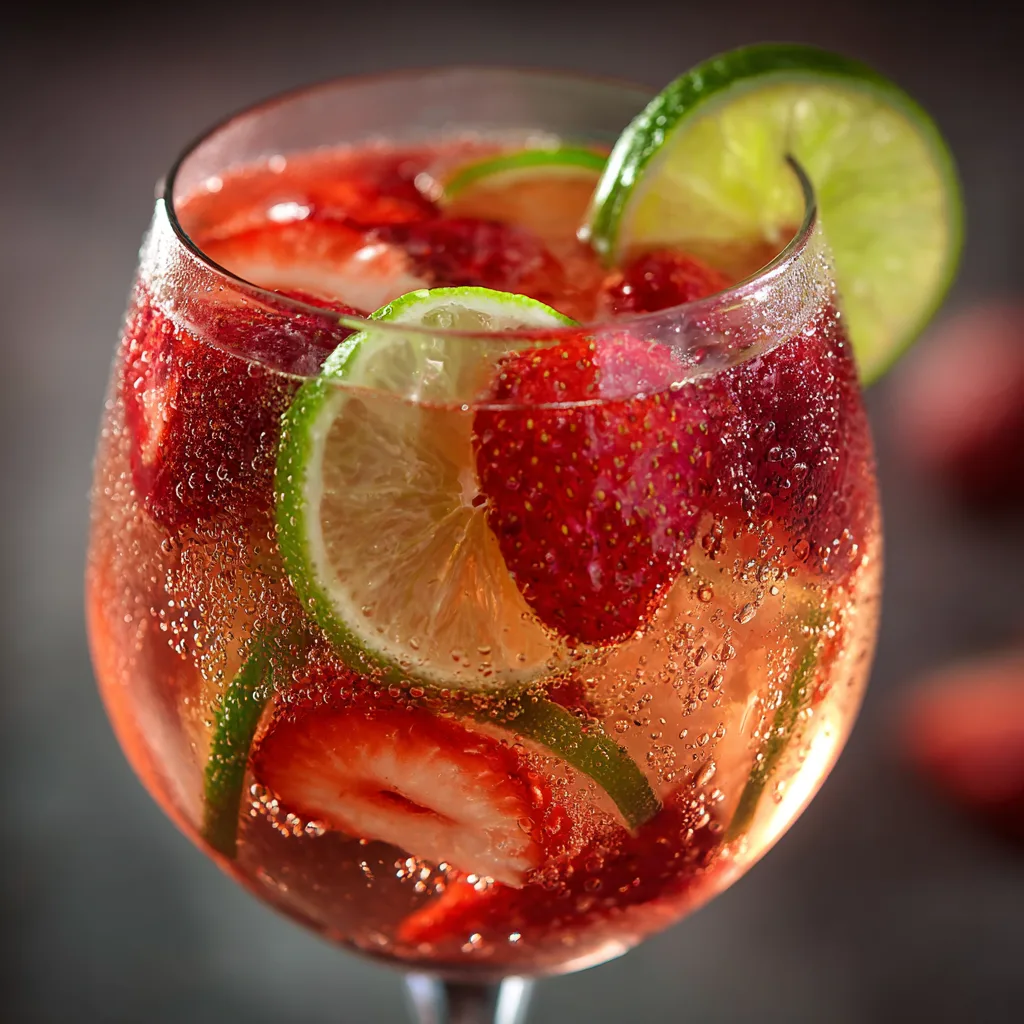 Gros plan d'un verre de Sangria Rosé à la Fraise avec fraises et glaçons