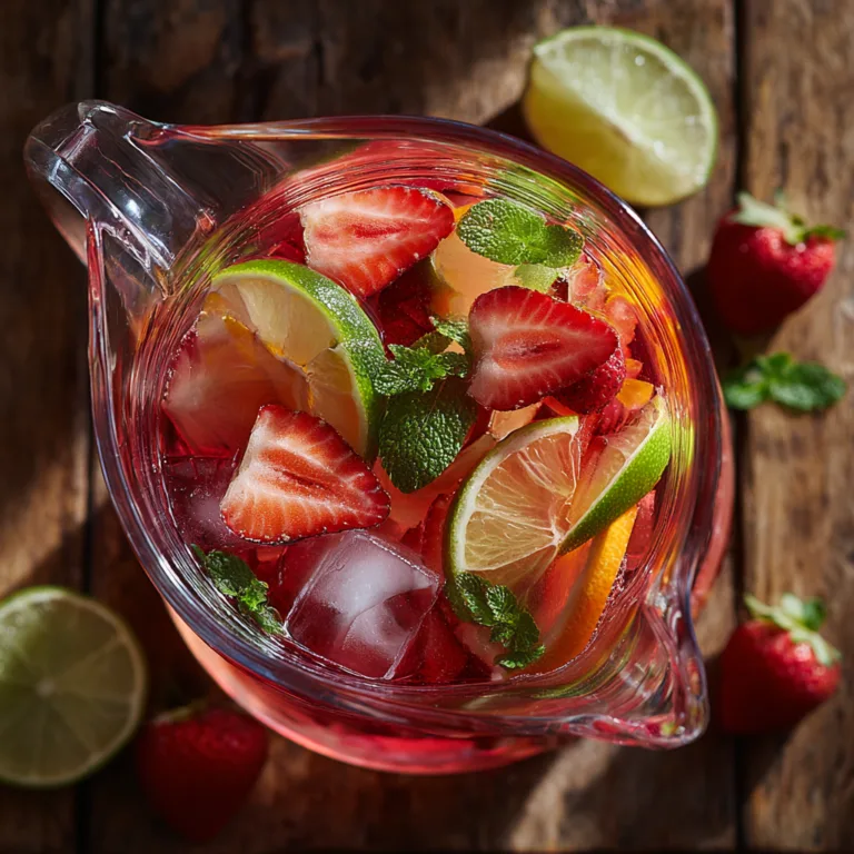 Sangria Rosé à la Fraise dans un pichet avec fraises fraîches et agrumes