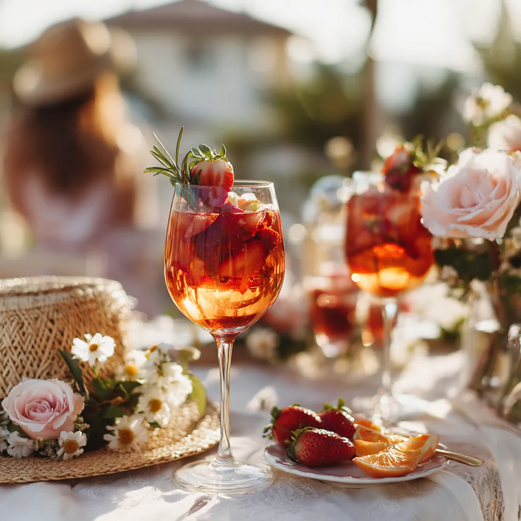 Sangria Rosé à la Fraise servie pour un apéritif estival en extérieur