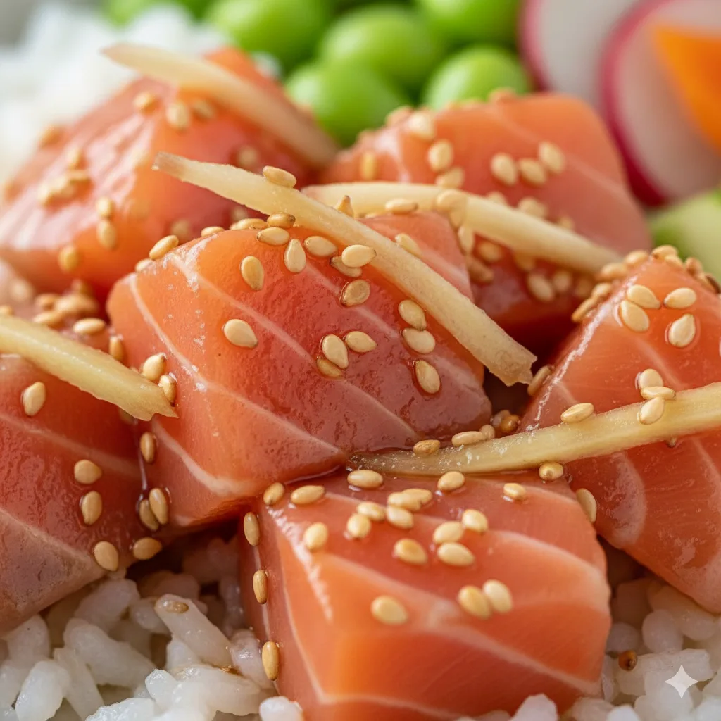 Gros plan sur des cubes de saumon frais marinés dans la sauce soja et l'huile de sésame pour Bol Poké au Saumon