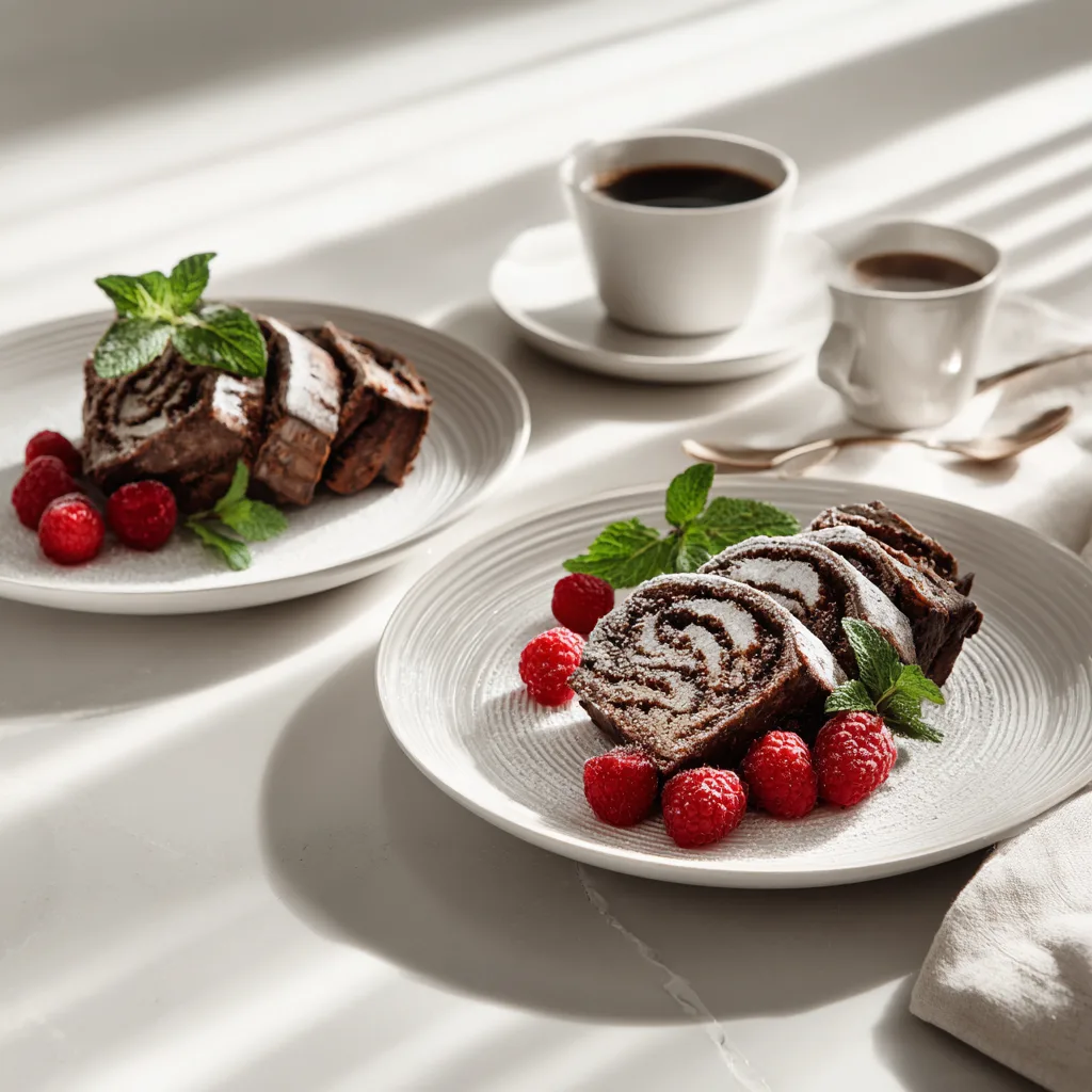 Babka au chocolat et pâte à tartiner servie en tranches avec café et fruits rouges pour un petit-déjeuner gourmand