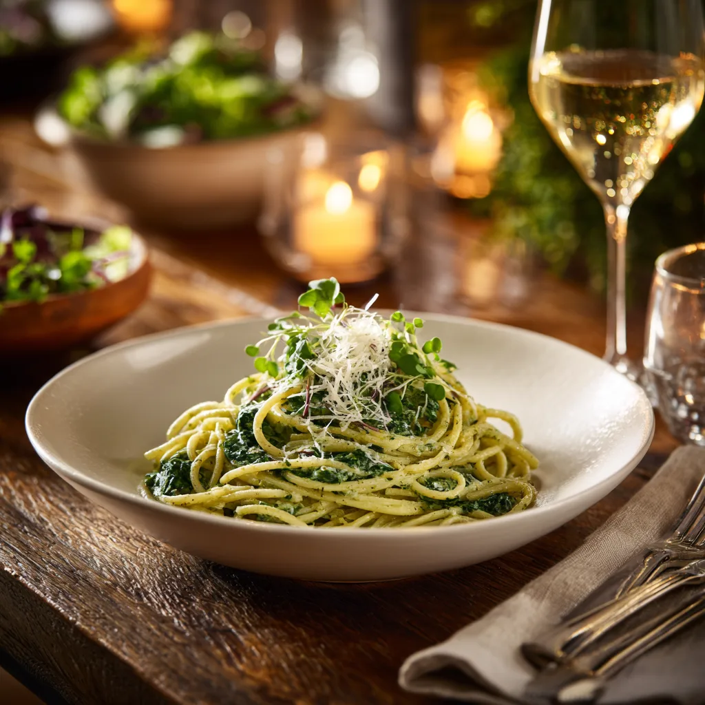 Pâtes crémeuses aux épinards et parmesan servies élégamment sur table dressée avec vin blanc