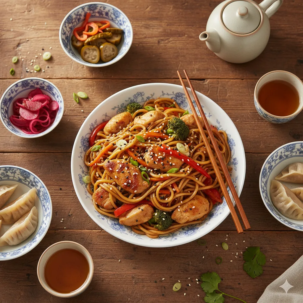 Wok de nouilles au poulet servi dans des bols asiatiques avec accompagnements