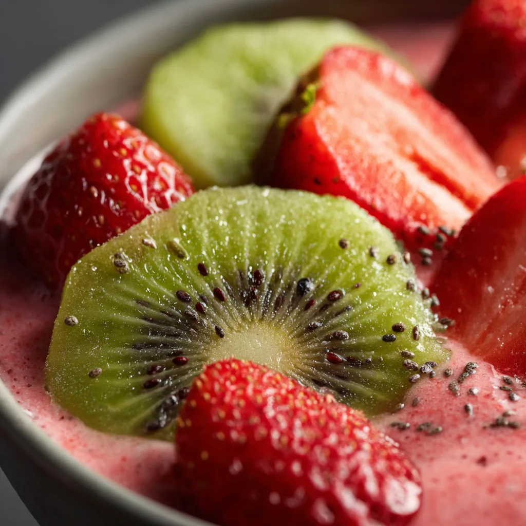 Gros plan texture crémeuse Smoothie Bowl Fraises & Kiwi avec détails des fruits frais et graines de chia