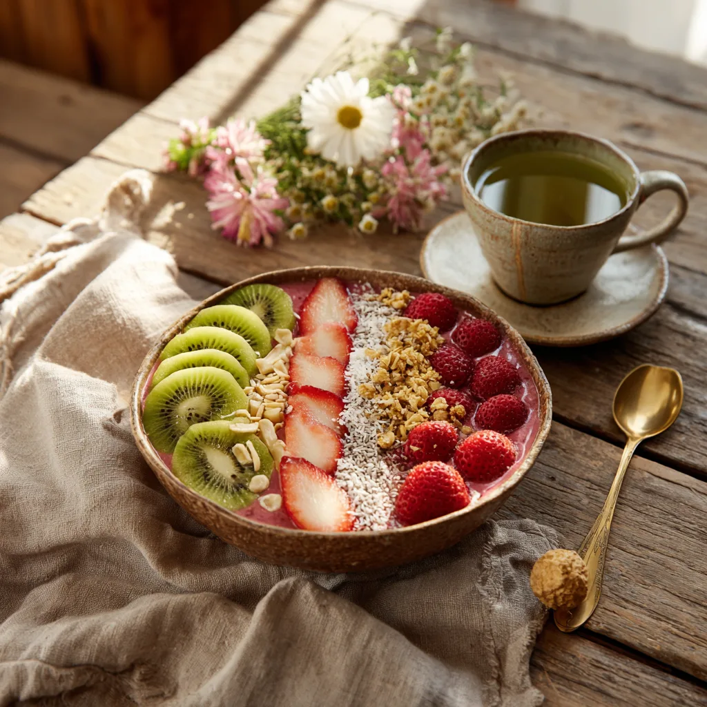 Smoothie Bowl Fraises & Kiwi servi sur table rustique avec thé et décoration pour petit-déjeuner healthy