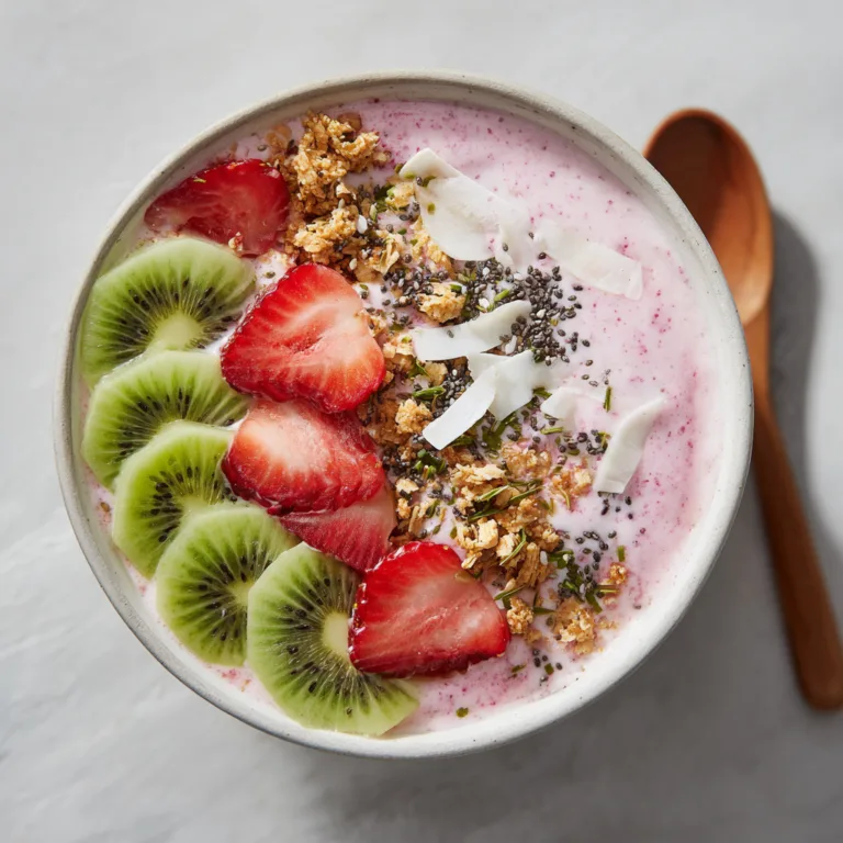 Smoothie Bowl Fraises & Kiwi vu du dessus avec toppings colorés et garnitures healthy dans un bol blanc