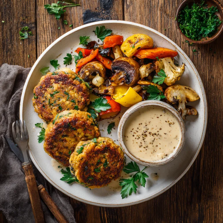 Steak végétal aux champignons doré servi sur assiette avec légumes rôtis et sauce crémeuse