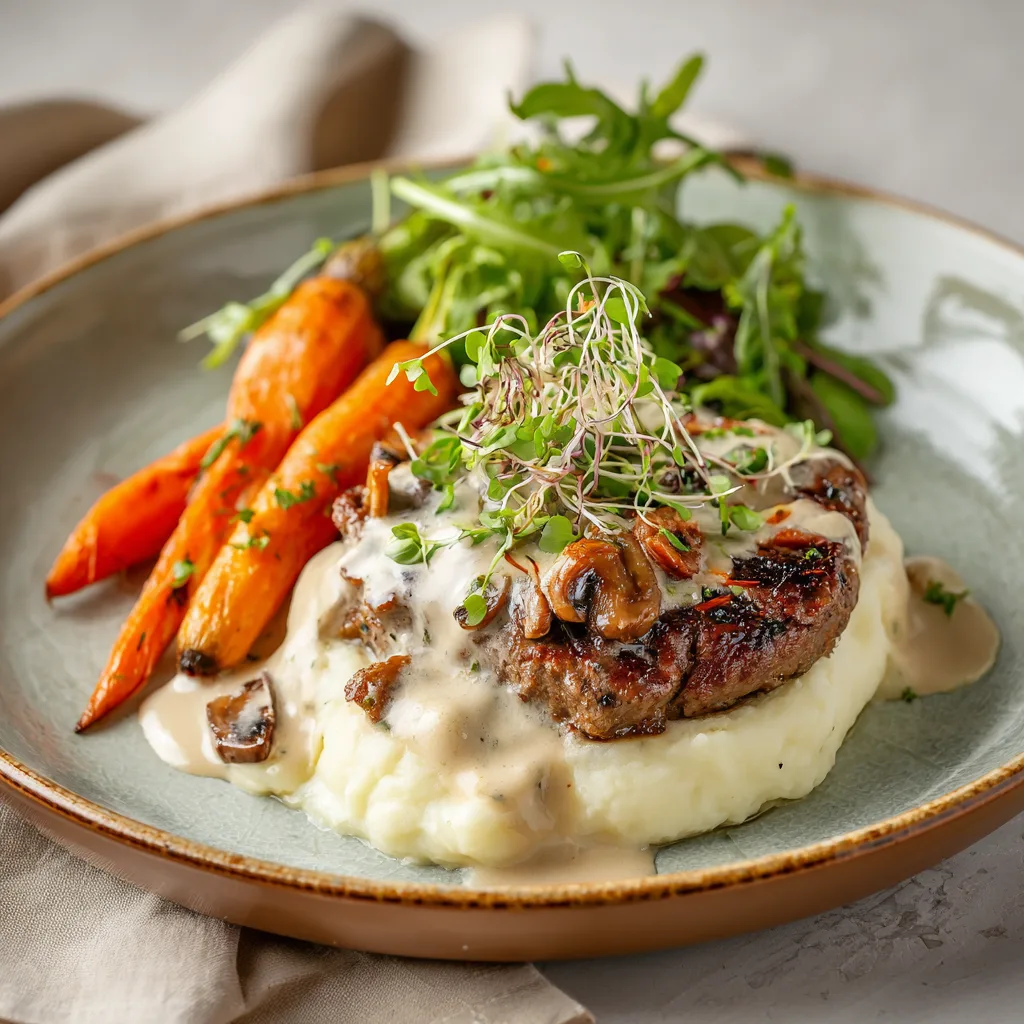 Steak végétal aux champignons servi avec purée patates douces et légumes rôtis présentation restaurant