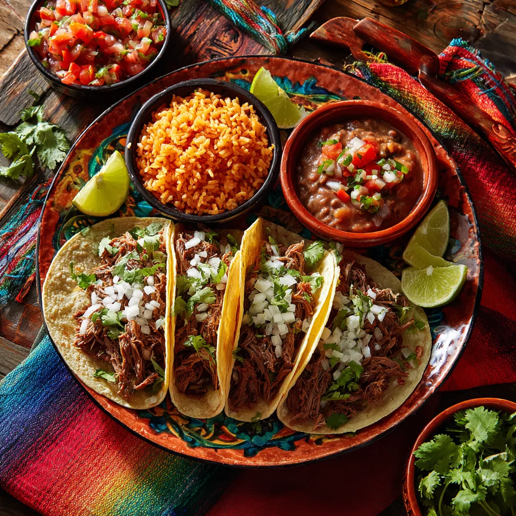 Assiette de tacos mexicains au bœuf servis avec riz haricots et accompagnements traditionnels