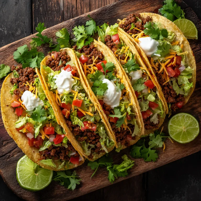 Tacos mexicains au bœuf garnis de laitue tomates fromage et crème vue du dessus
