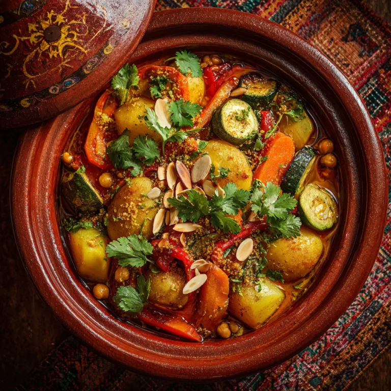 Tajine de légumes marocain traditionnel vu du dessus dans un plat en terre cuite avec légumes colorés et herbes fraîches