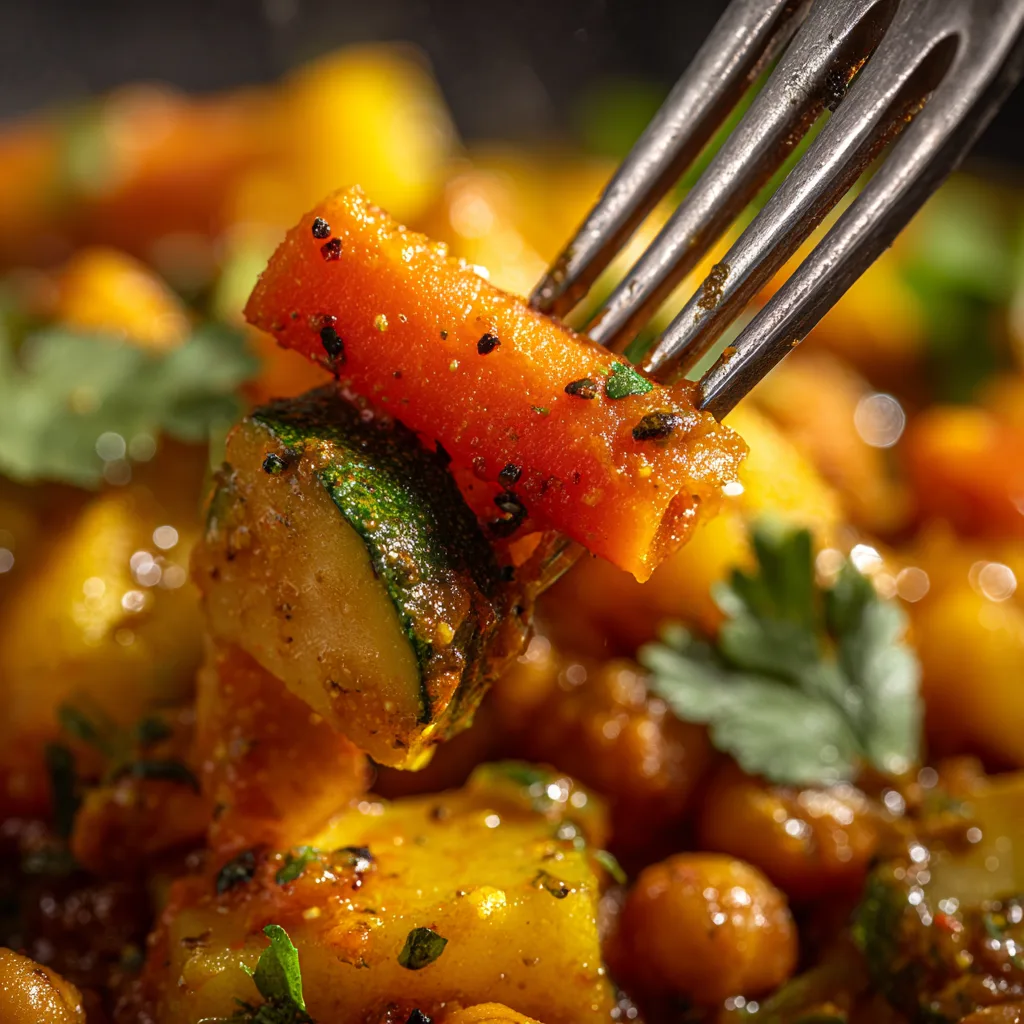  Gros plan sur les légumes tendres du tajine avec sauce aux épices dorées et pois chiches