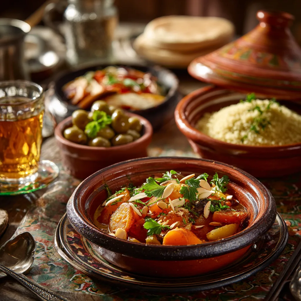 Tajine de légumes végétarien servi avec couscous, pain et accompagnements traditionnels marocains