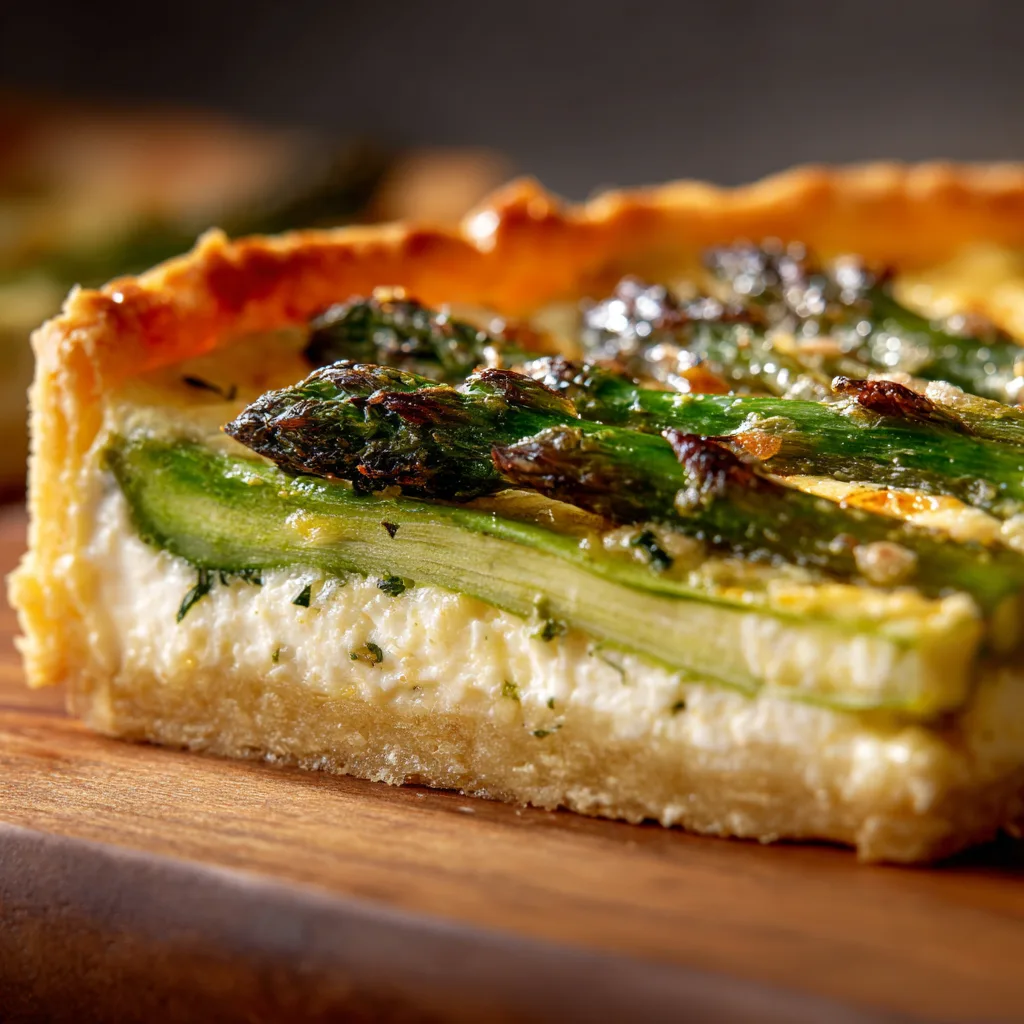 Gros plan de la Tarte Fine aux Asperges et Chèvre montrant la texture feuilletée