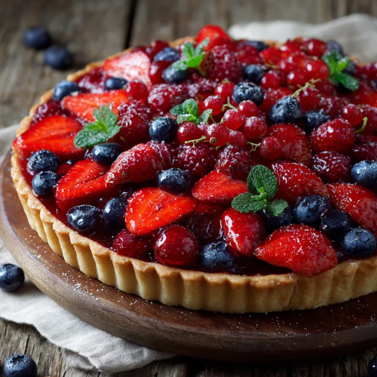 Tarte aux fruits rouges vue du dessus avec fraises framboises myrtilles et gelée brillante