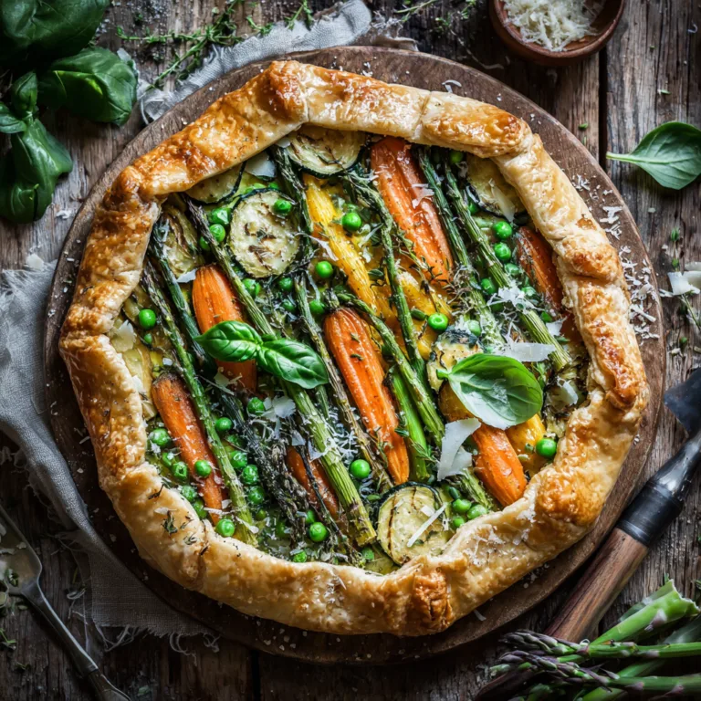 Tarte aux légumes de printemps vue du dessus avec asperges, petits pois et carottes sur pâte dorée