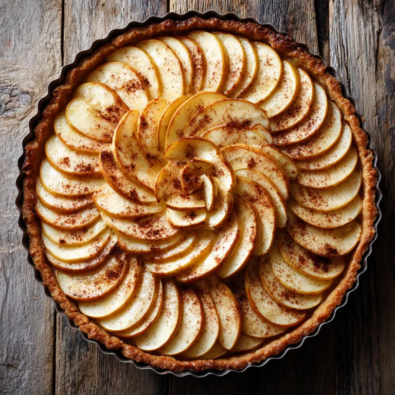 Tarte aux pommes à la cannelle vue du dessus avec lamelles disposées en rosace dorée