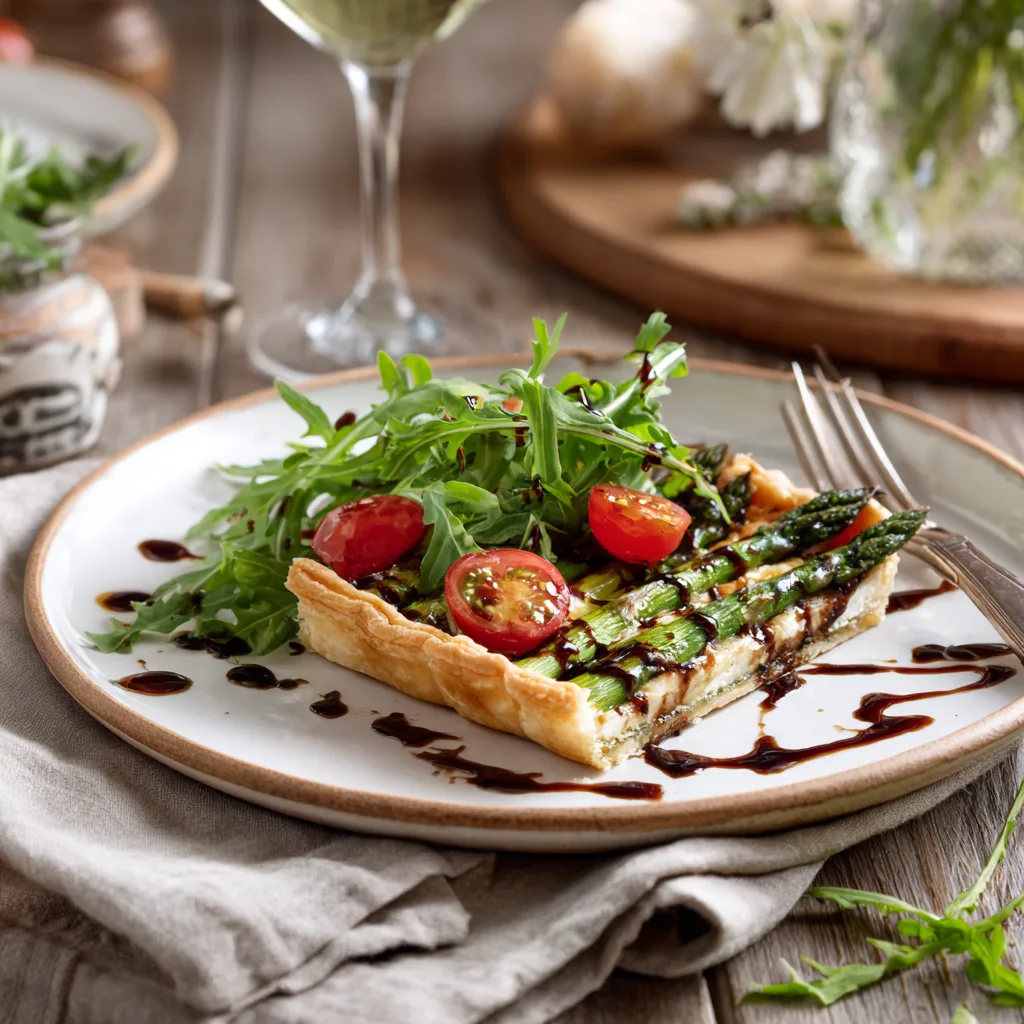 Portion de Tarte Fine aux Asperges et Chèvre servie avec salade verte