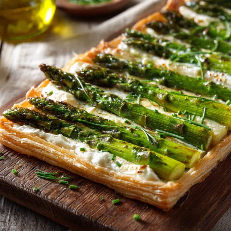 Tarte Fine aux Asperges et Chèvre dorée vue de dessus sur planche en bois