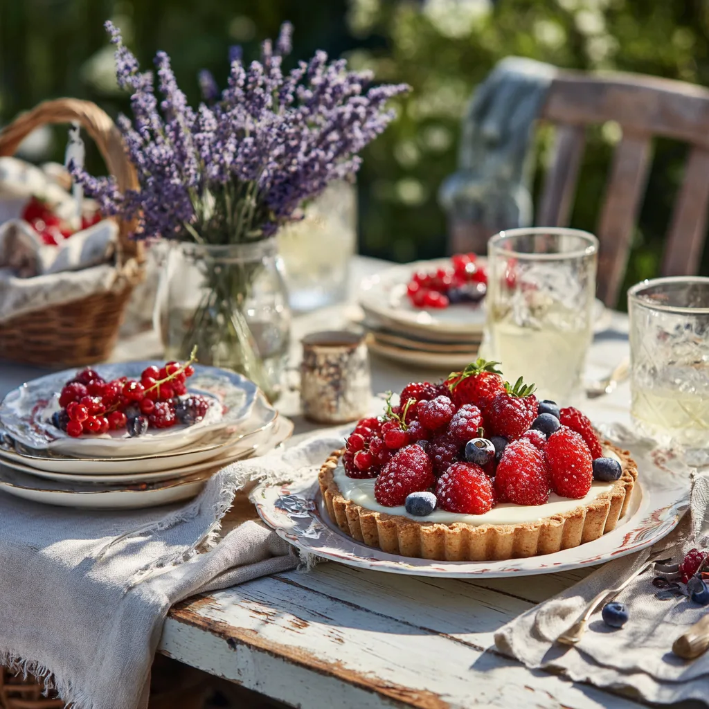 Tarte aux fruits rouges servie sur table de jardin avec décoration estivale