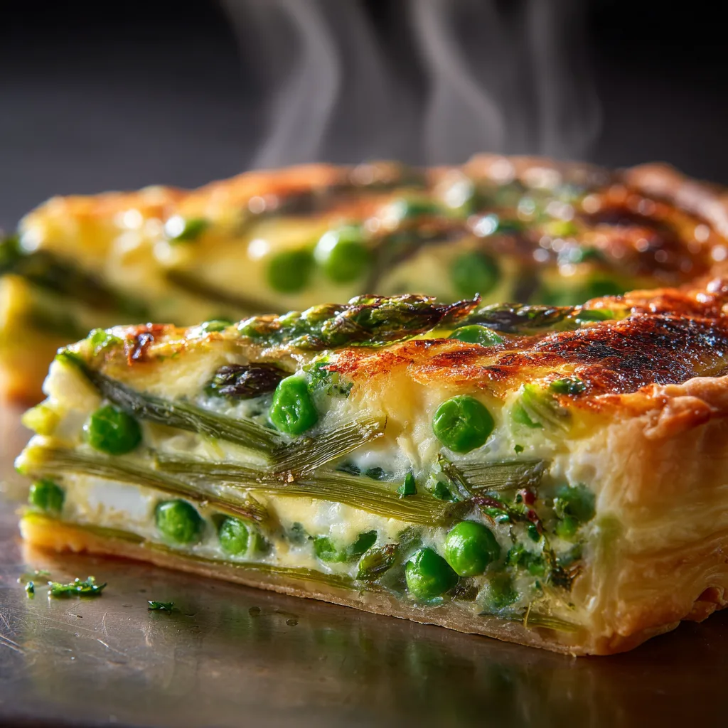 Gros plan d'une part de tarte aux légumes de printemps montrant la texture crémeuse et les légumes fondants