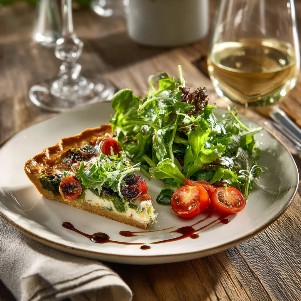 Part de tarte aux légumes de printemps servie avec salade verte sur assiette blanche