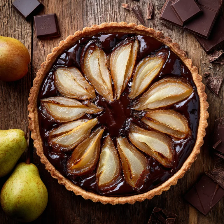 Tarte poires chocolat vue du dessus avec poires caramélisées disposées en rosace sur ganache au chocolat noir