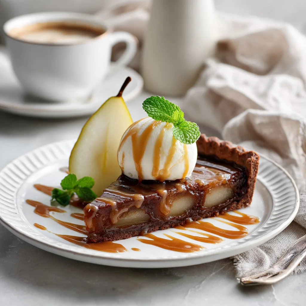 Part de tarte poires chocolat servie avec glace vanille sur assiette blanche élégante