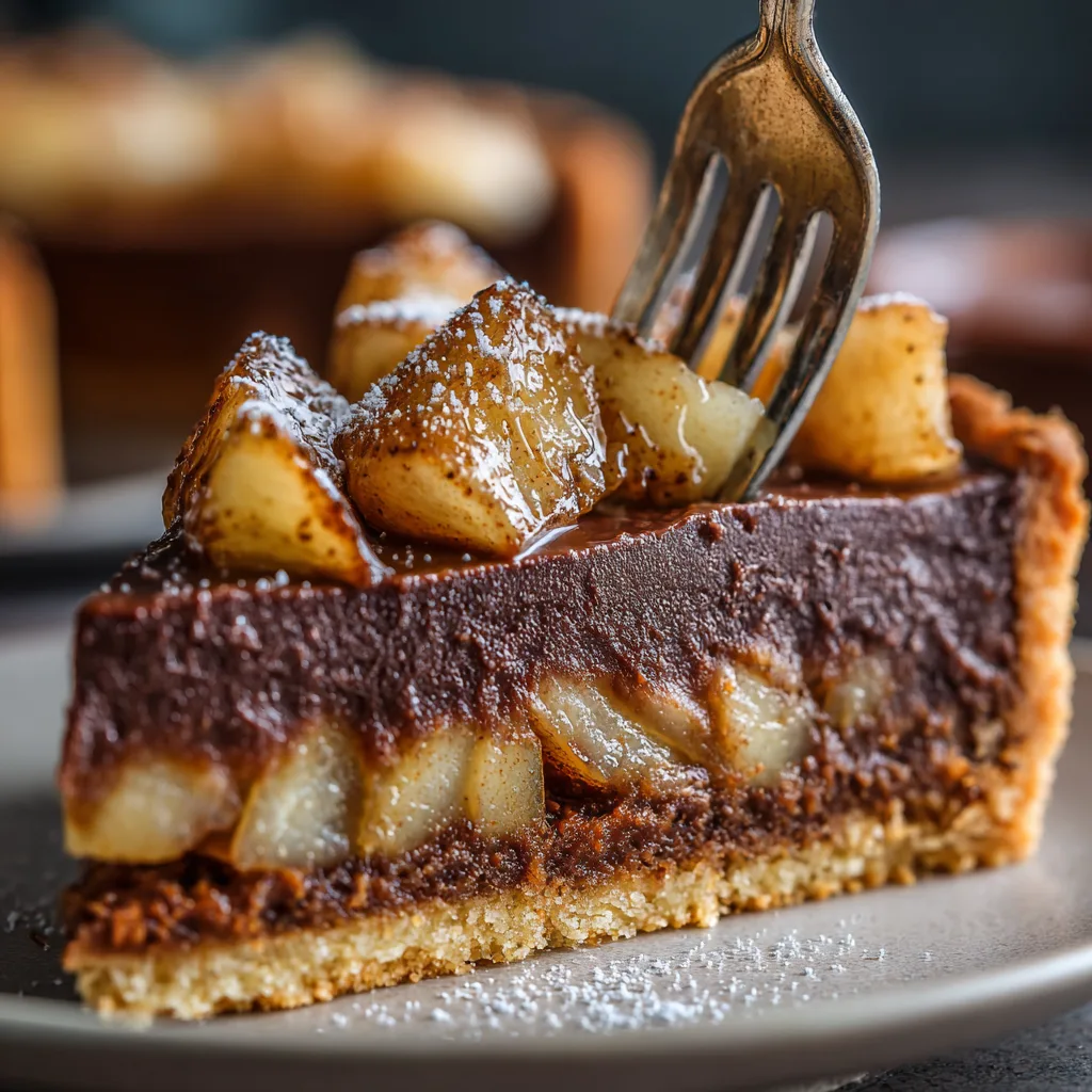Gros plan d'une part de tarte poires chocolat montrant les couches de pâte sablée, ganache et poires