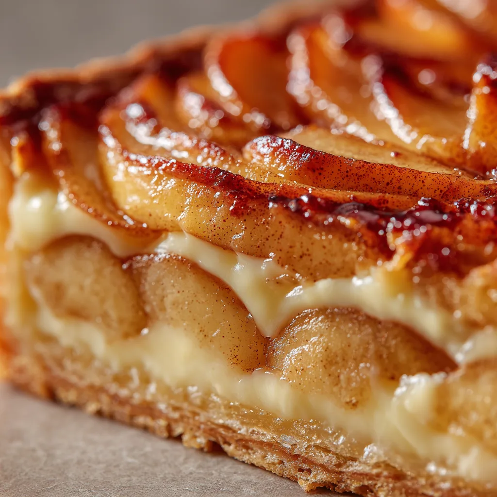 Gros plan d'une part de tarte aux pommes à la cannelle montrant les couches croustillantes et fondantes