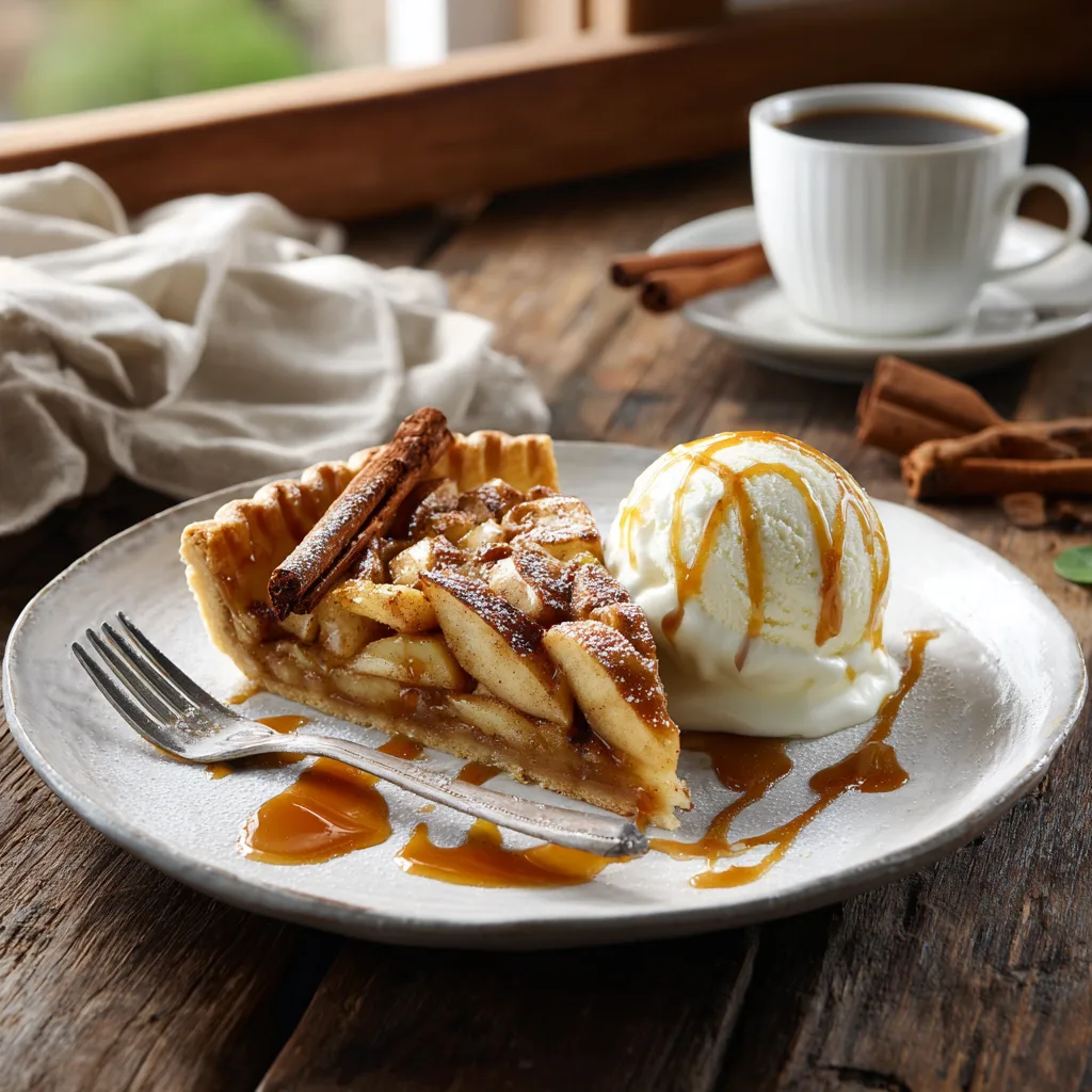 Part de tarte aux pommes à la cannelle servie avec glace vanille sur assiette élégante