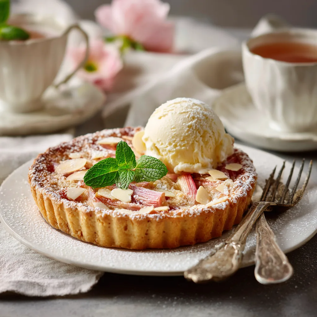 Tarte à la rhubarbe et crème d'amande servie avec glace vanille et décoration de menthe fraîche