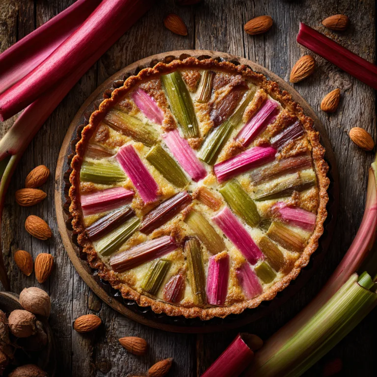 Tarte à la rhubarbe et crème d'amande vue du dessus avec motif géométrique de rhubarbe rose