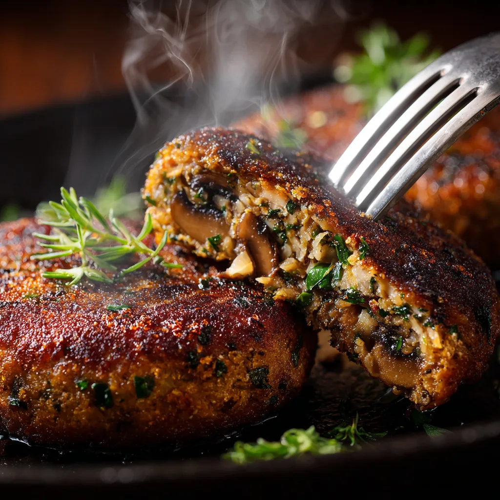 Gros plan texture intérieure steak végétal aux champignons moelleux et croustillant