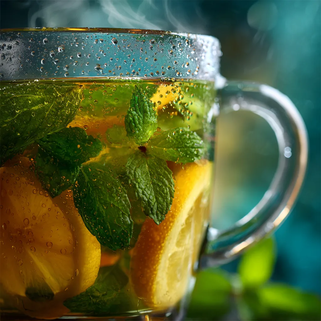 Thé Vert Détox chaud dans tasse transparente avec menthe et citron gros plan