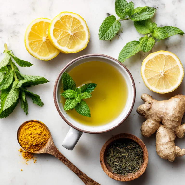 Thé Vert Détox maison ingrédients frais citron gingembre menthe vue dessus