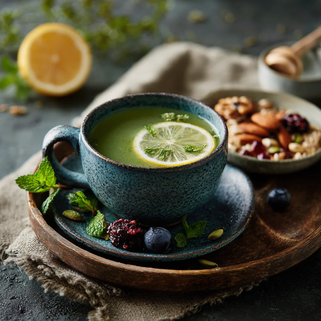 Thé Vert Détox servi petit déjeuner sain accompagnements fruits noix
