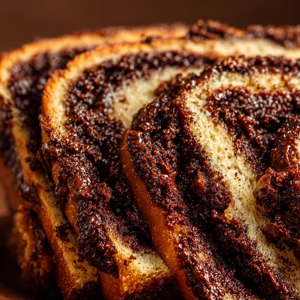 Tranche de babka au chocolat et pâte à tartiner montrant les couches moelleuses et la garniture chocolatée