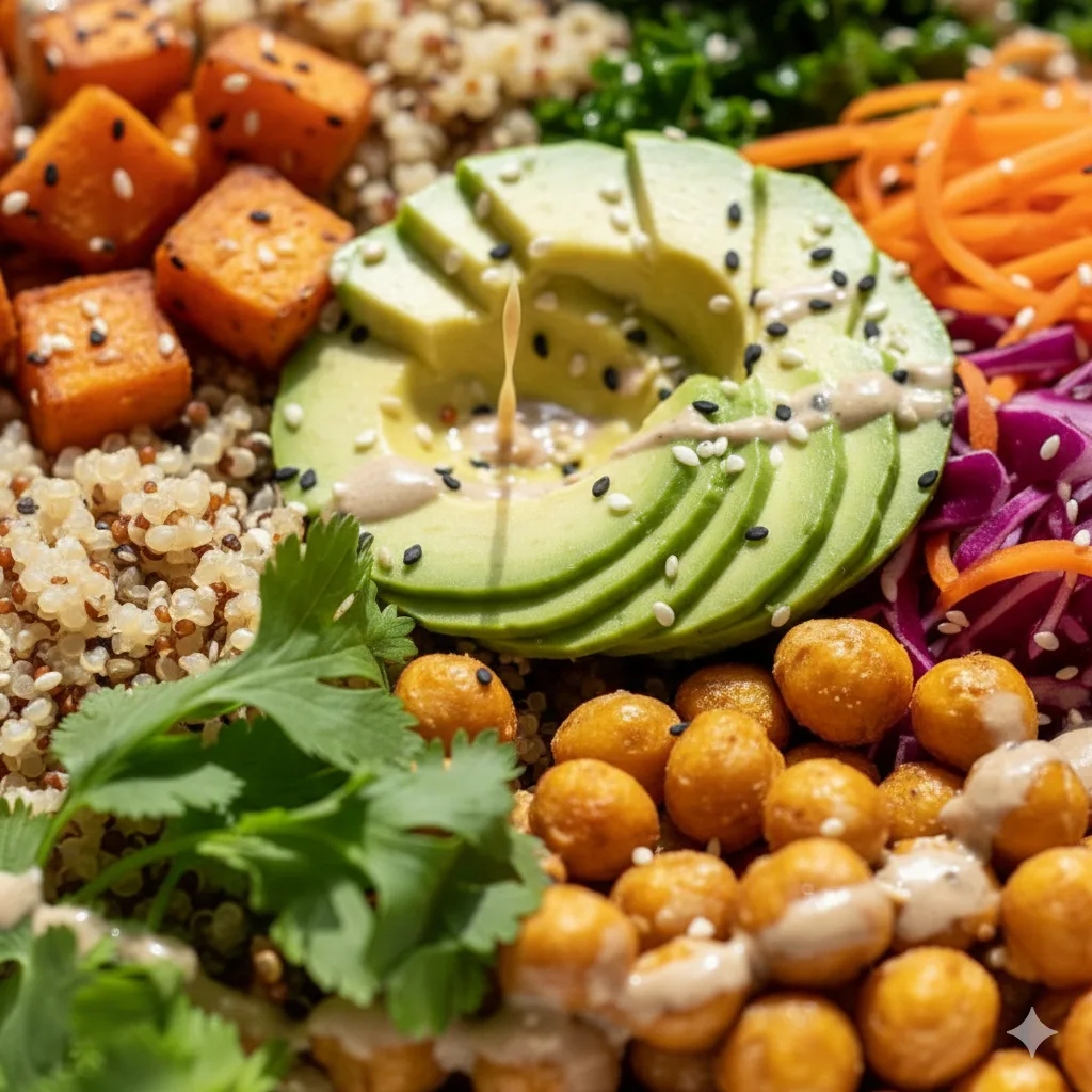 Gros plan des ingrédients du Veggie Bowl Healthy : patates douces caramélisées et pois chiches croustillants