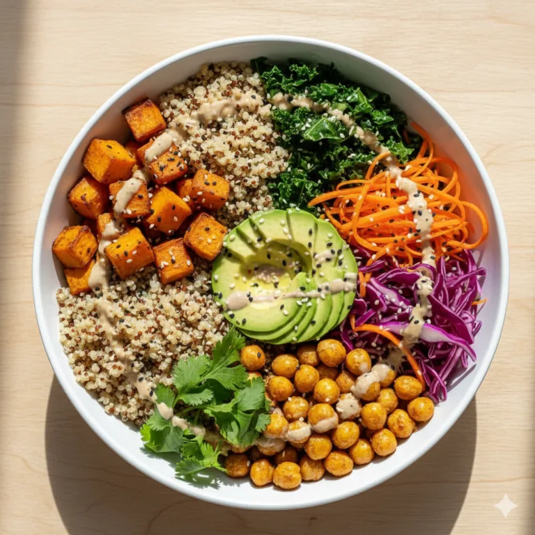 Veggie Bowl Healthy coloré avec quinoa, légumes rôtis, avocat et sauce tahini vue du dessus