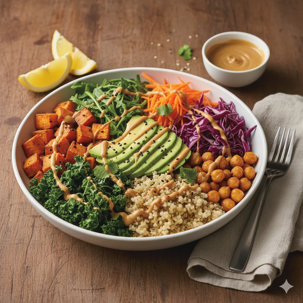 Veggie Bowl Healthy servi sur table en bois avec sauce tahini et accompagnements