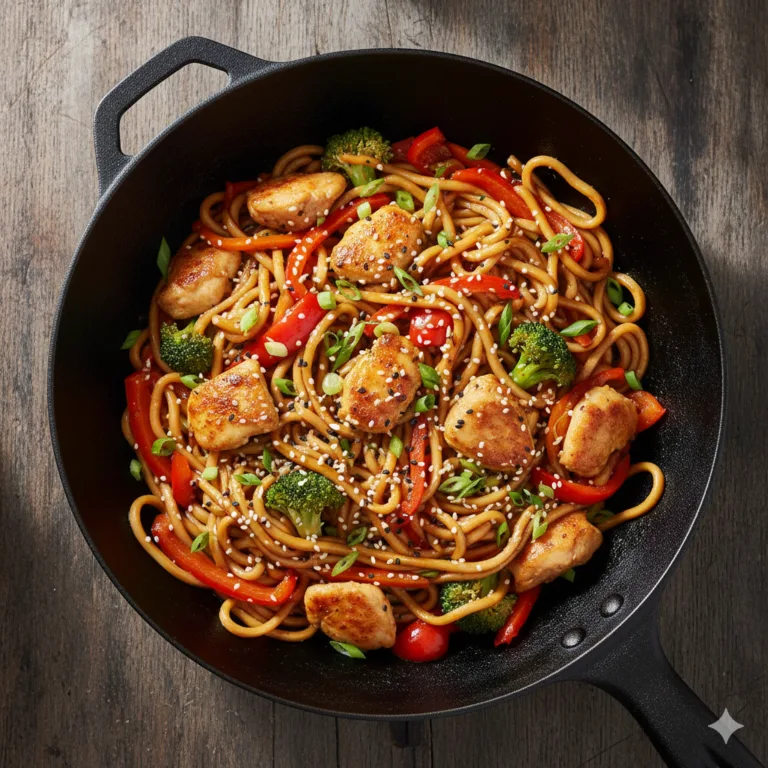 Wok de nouilles au poulet avec légumes colorés et sauce soja vue de dessus