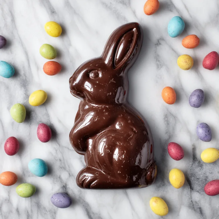 Lapin de Pâques en chocolat noir brillant entouré d'œufs colorés sur marbre blanc