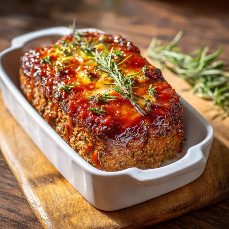 Pain de viande maison moelleux glacé au ketchup dans un moule en céramique, vue de dessus