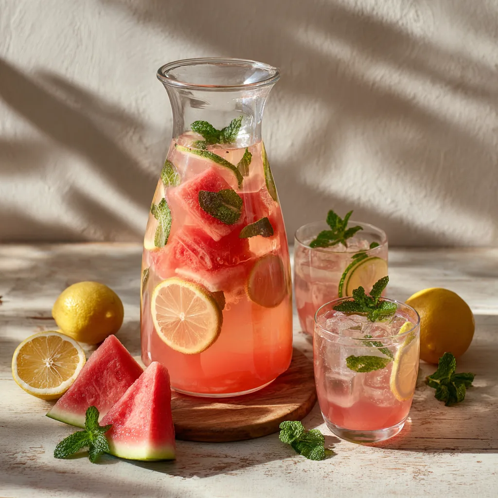 Agua Fresca à la Pastèque et Menthe dans une carafe avec ingrédients frais vue de dessus