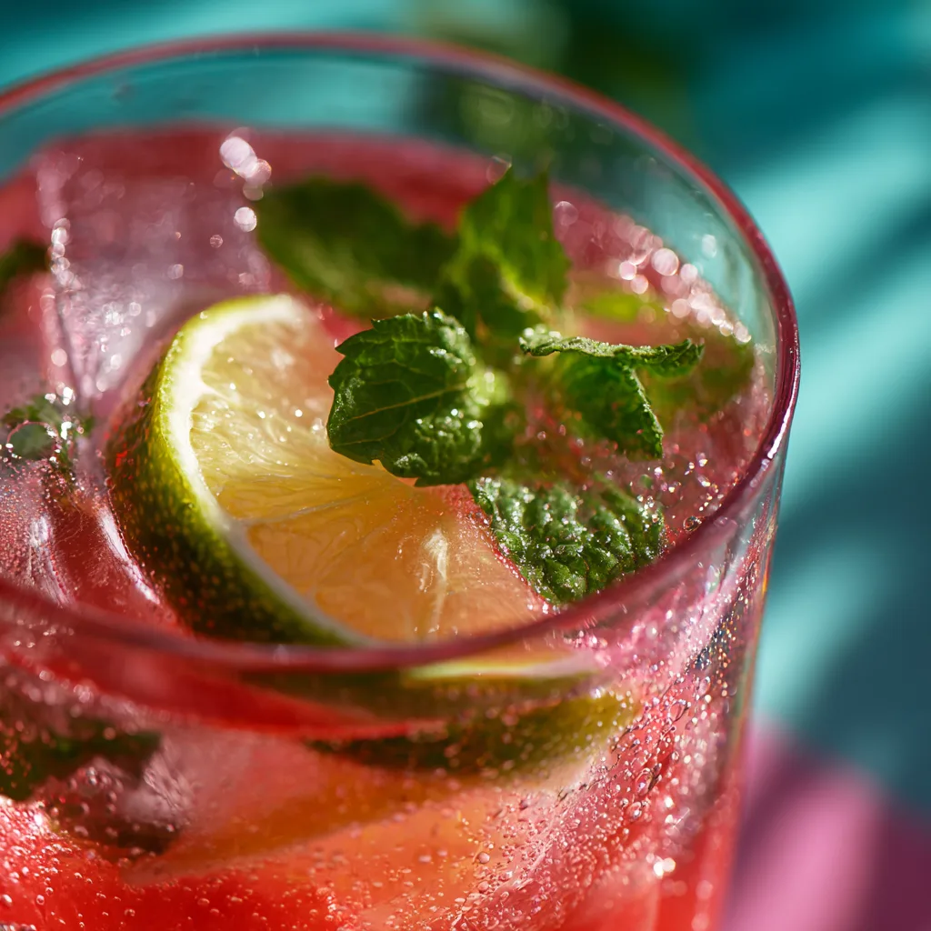 Gros plan d'un verre d'Agua Fresca à la Pastèque et Menthe avec glaçons et menthe fraîche