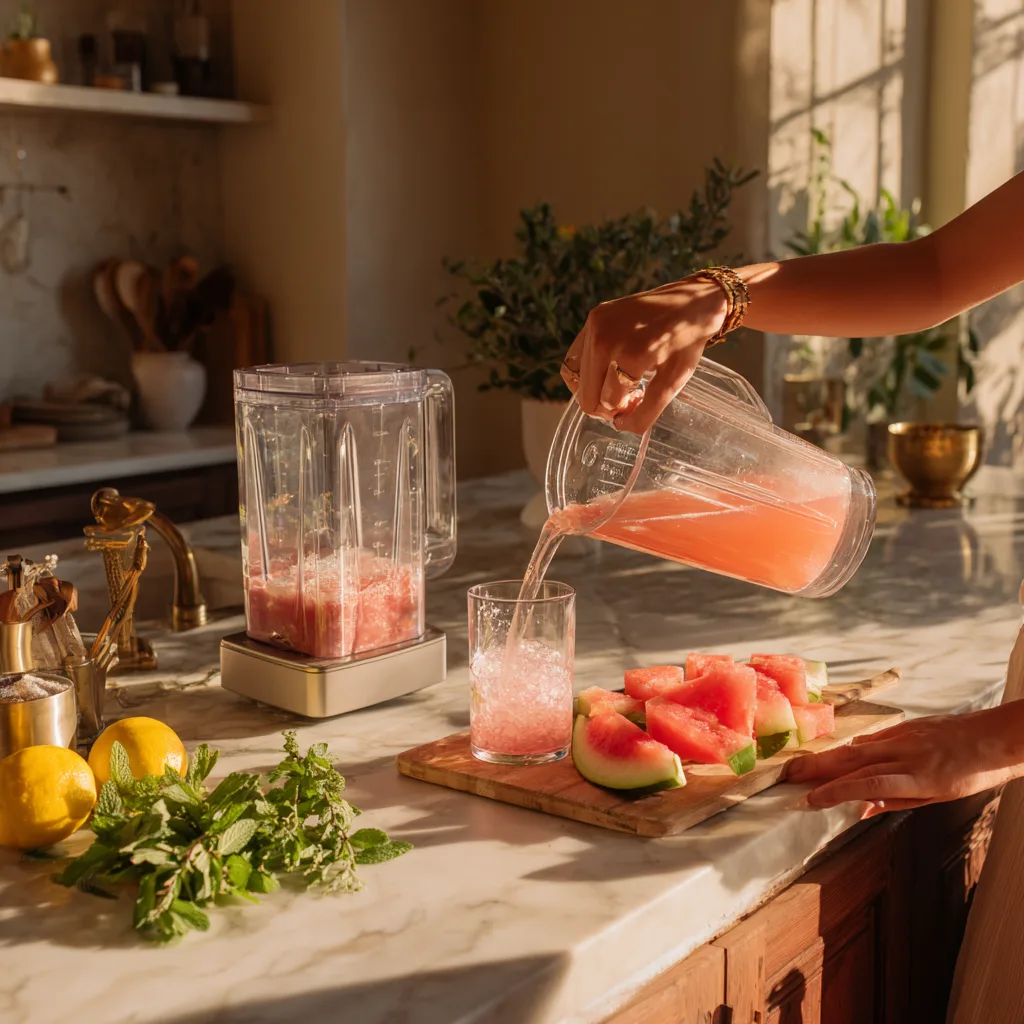 Préparation de l'Agua Fresca à la Pastèque et Menthe en cuisine avec ustensiles